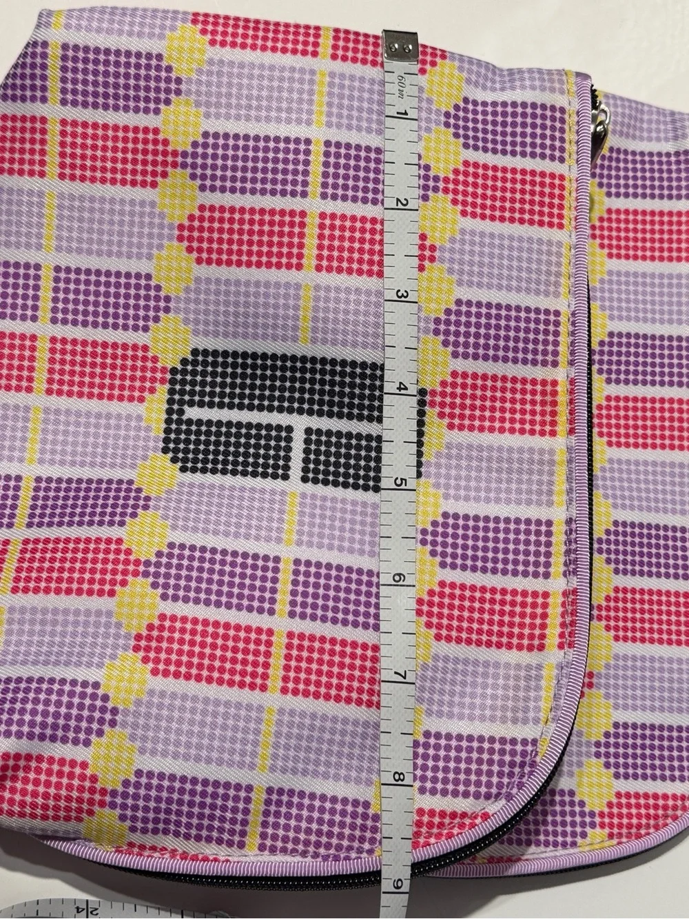 Clinique Pink Purple Yellow Patterned Cosmetic Bag with Purple Scrunchies